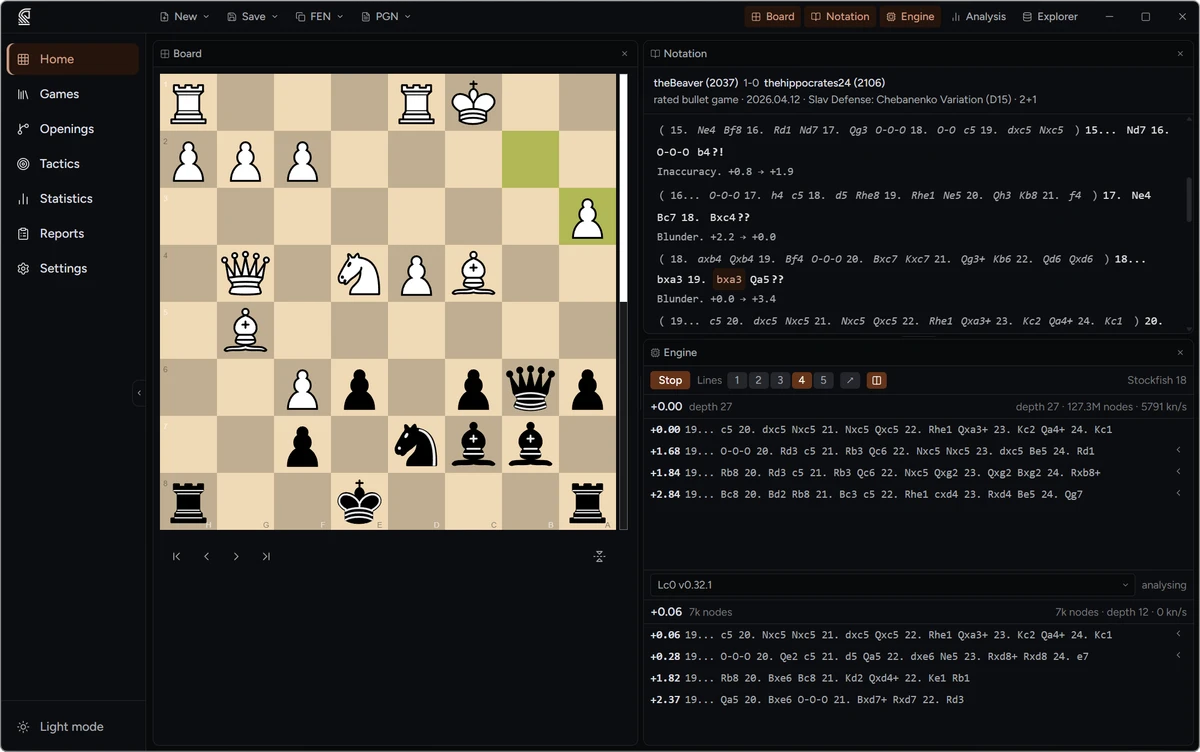 Engine panel showing real-time Stockfish evaluation and PV lines