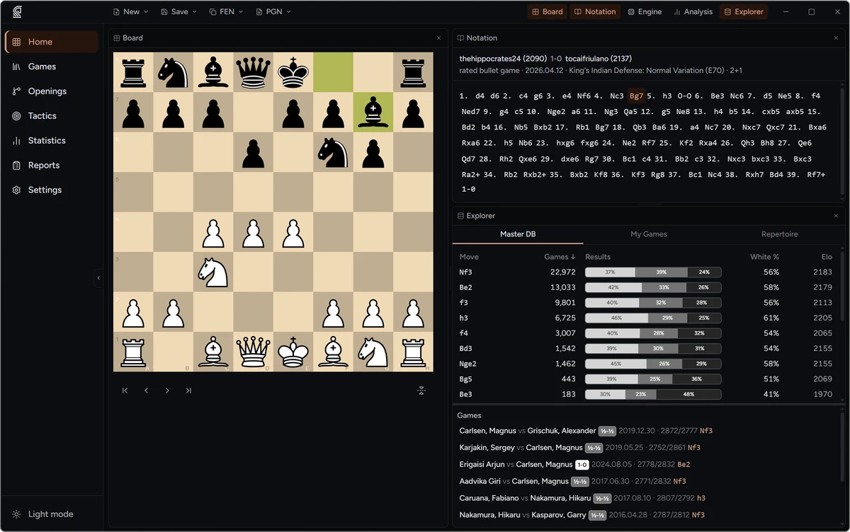 Database panel showing master game move statistics