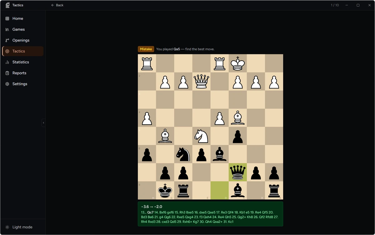 Tactics page showing a puzzle position extracted from a personal game