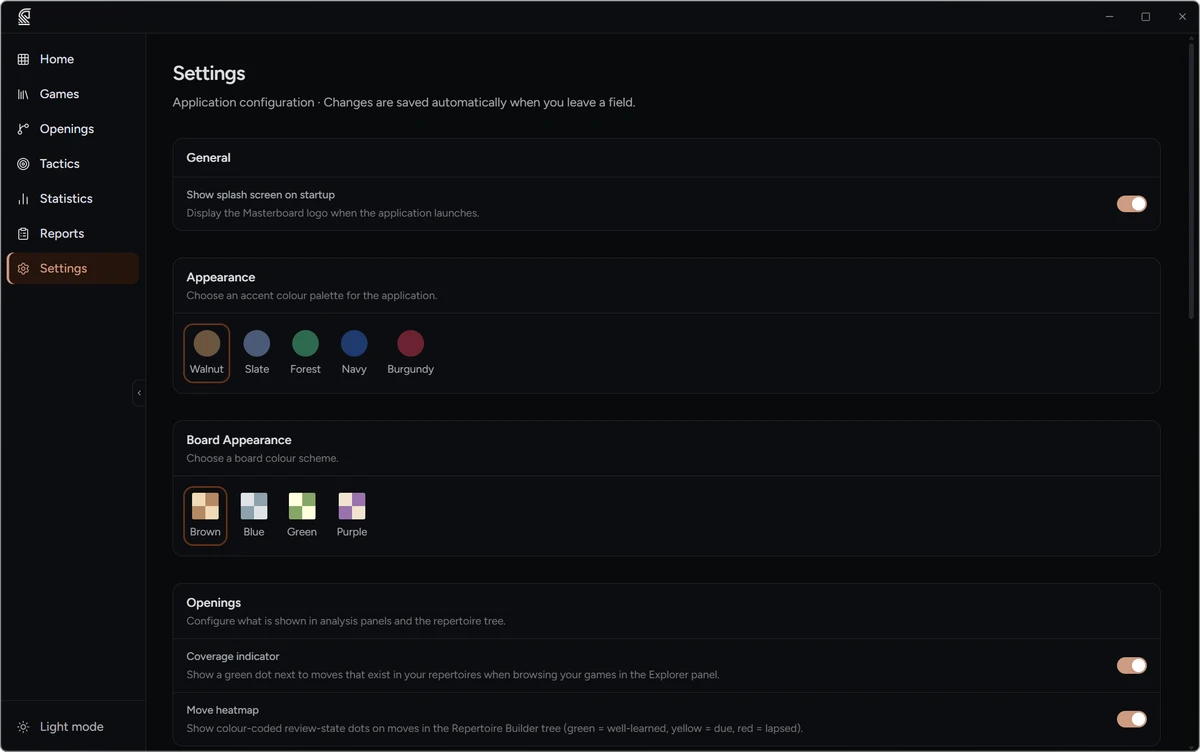 Settings page showing board theme and connected accounts